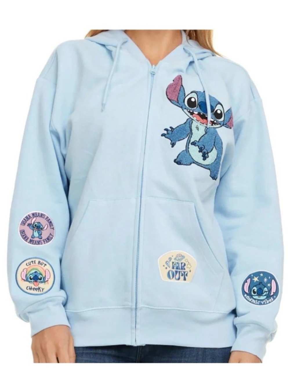 Disney Stitch Women's Hoodie Sweatshirt Zip-up Chenille Patches Light Blue XL